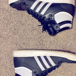 Size 11 adidas black shoes with white stripes high tops